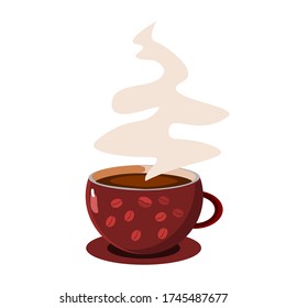 Red cup of coffee with smoke, Idea concept.The coffee cup has a coffee bean shape.Isolated on a white background.Flat Style. Decorative Design for Cafeteria, Posters, Banners, Cards