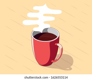 Red Cup of Coffee With Steam. Cartoon Outlined Style. Vector Isometric Illustration