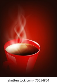 red cup of coffee with steam over brown background