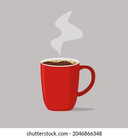 Red cup of coffee with steam. Vector object, flat design.