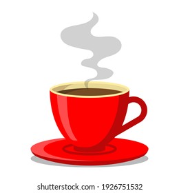 Red cup of coffee or tea. Coffee cup with smoke float up. Vector Illustration. Flat Style. Decorative design for cafeteria, posters, banners, cards.