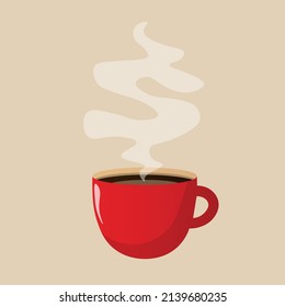 Red cup of coffee or tea with smoke float up. Vector Illustration. Flat Style. Decorative design for cafeteria, posters, banners, cards.