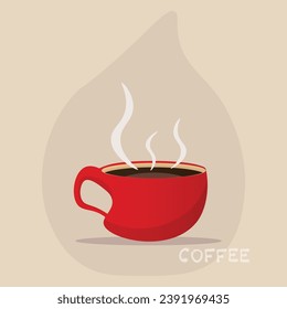 Red cup of coffee or tea with smoke float up. Hot drink flat Style. Decorative design for cafeteria, posters, banners, card