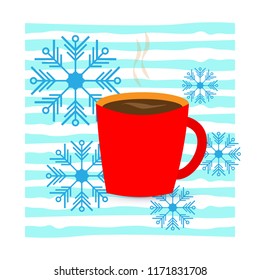 Red cup with coffee or tea. And snowflakes