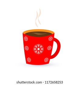 Red cup with coffee or tea. And snowflakes