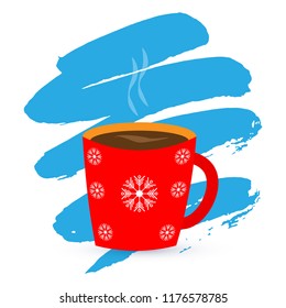 Red cup with coffee or tea. And snowflakes on a blot