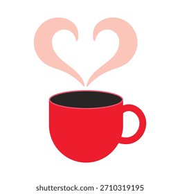 A red cup of coffee, from which steam rises in the form of a heart. Vector illustration for Valentine's Day.
