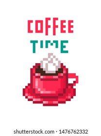 Red cup of coffee with whipped cream top, 8 bit pixel art icon isolated on white background. Cafe, cafeteria, coffehouse, restaurant logotype. Old school vintage retro slot machine/video game graphics