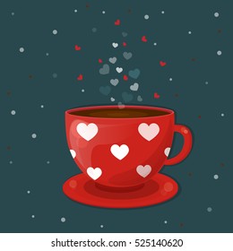 Red cup of coffee with white hearts. Vector illustration for Valentine's Day. From dishes steaming.