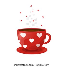 Red cup of coffee with white hearts. Vector illustration for Valentine's Day. From dishes steaming.