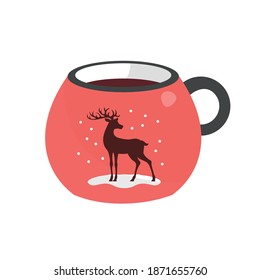Copa Roja con venado y nevada. Bebida caliente en invierno. Vector, aislado, fondo blanco.