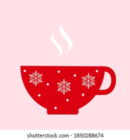 Red cup with dots and snowflakes isolated on pink background vector illustration. Cute cartoon beverage icon.