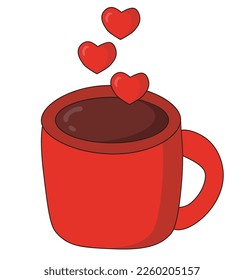 Red cup with drink and hearts. Valentine's day mug icon sticker vector design.