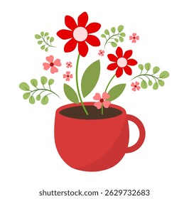 Red cup with red flowers on a white background.