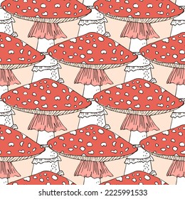 Red cup fly agaric seamless vector pattern for printing, fabric, textile, manufacturing, wallpapers. Hand drawn seamless vector pattern.