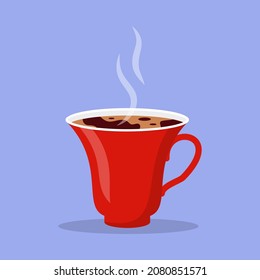 Red cup of fresh coffee in flat cartoon style. Ceramic mug with hot drink latte, espresso with steam. Mockup filled coffee with space for labels. Great for poster or card. Closeup. Vector illustration