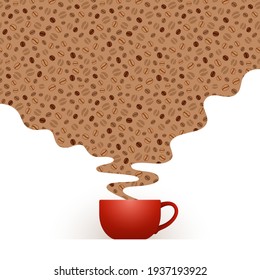 Red cup of fresh coffee and steam with pattern of stylized coffee beans, over white background with place for your text and design. Coffee drinking, coffee break and leisure concept