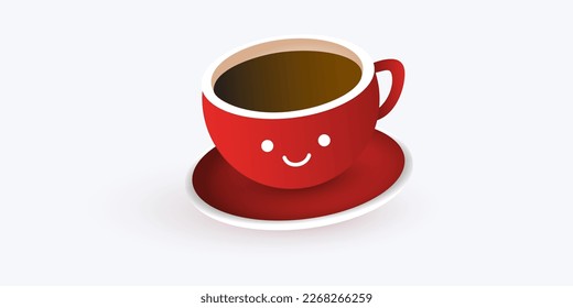 Taza Roja llena de café marrón con cara sonriente suave en ella - Plantilla de diseño en fondo de gran escala - Ilustración vectorial