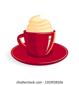 Red cup of glace, mocha, latte or other coffe with whipped cream. Vector illustration in flat style
