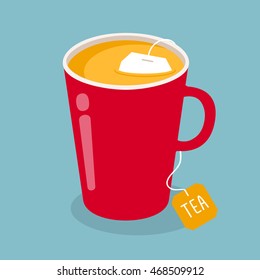 Red cup of green tea with tea bag. Vector illustration.