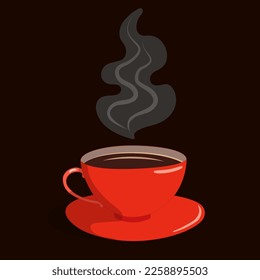 Red cup of hot aromatic coffee or tea with beautiful steam patterns on a black background. Vector illustration.