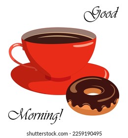Red cup of hot aromatic coffee and delicious fluffy donut with glossy dark chocolate glaze on white background. Food vector illustration. Copy space.