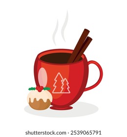 Red cup of hot aromatic coffee with cinnamon sticks and Christmas cupcake isolated on a white background. Vector illustration