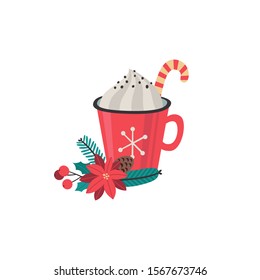Red cup of hot chocolate and candy cane, Christmas bouquet of poinsettia, holly, cones, branches of fir-tree, isolated on white background. Holiday vector clipart for greeting cards, invitations.