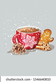 Red cup with hot chocolate and christmas ornaments. Cinnamon sticks, gingerbread cookies, conifer cone. Snow falling. Holiday vector