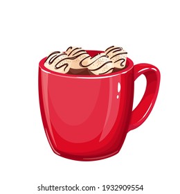Rote Tasse mit heißer Schokolade oder Kakao und Marshmallows. Vektorgrafik.