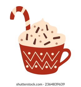 Red cup hot chocolate or cocoa with cream. Winter cozy flat illustration isolated on white. Seasonal warm drink. Design element for cafe menu, invitations, advertising, cards