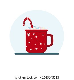 Red Cup of hot chocolate with colorful marshmallows and lollipops. Christmas card design element. Isolated vector illustrations.