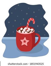 Red Cup with hot chocolate and marshmallows on the windowsill. Christmas concept, evening outside the window the snowflakes. Vector illustration