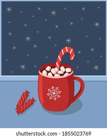 Red Cup with hot chocolate and marshmallows on the windowsill. Christmas concept, evening outside the window the snowflakes. Vector illustration