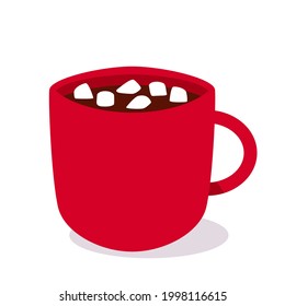 red cup with hot chocolate and marshmallows inside. flat vector illustration isolated on white background
