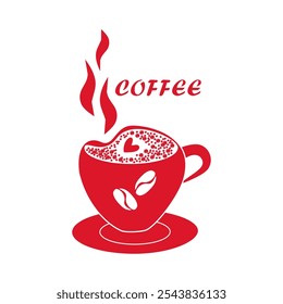 Red cup of hot coffee with foam - vector illustration for logo, cafe menu, Valentine's Day holiday cards