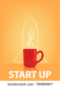 Red cup Hot coffee with smoke floating.The orange background is symbolic of morning.With drawing
 the start up text and rocket image representing the beginning.Vector illustration minimal concept