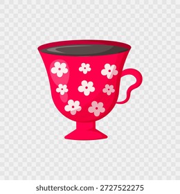 Rote Tasse heißen Kaffee oder Tee mit Blumen. Americano-Symbol. Einzige Tasse Kaffee. Flache Abbildung. Design für Cafés, Coffeeshops, Plakate, Banner, Werbung. Valentinstag Design. Vektorgrafik