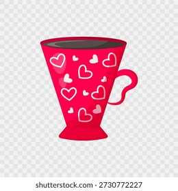 Taza roja de café caliente o té con corazones. Icono americano. Taza aislada de café. Ilustración plana. Diseño para cafeterías, cafeterías, carteles, Anuncios, publicidad. Diseño del día de San Valentín. Vector