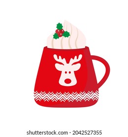 Red cup with a hot drink. Christmas vector illustration. Eps 10