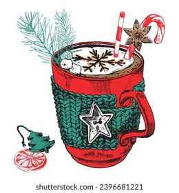 Red cup of hot drink Coffee Cocoa Tea Black Cocktail, Christmas New Year Symbols set Hand drawn Retro Folk Art. Hand-sketched Clip Art Digital Elements DIY Invitation Cards Digital Art