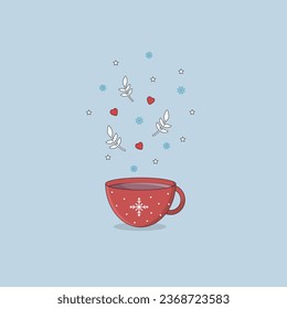 Red cup of hot drink with elements like hearts, snowflakes, leaves and stars on light blue background. Editable vector illustration.