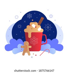 Red cup with hot drink and gingerbread cookie. Christmas sweets. Flat illustration. Vector file.