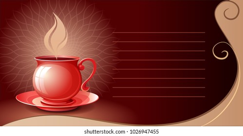 Red cup with hot drink on a brown background