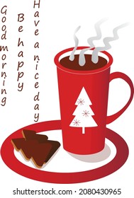 Rote Tasse mit einem heißen Getränk. Auf einer roten und weißen Untertasse. 2 Schokoladenkekse. Dampf. Schreiben mit Wünschen. Vektorgrafik. Vektorgrafiken. Neujahr. Weihnachtsbaum. Kartenkonzept 