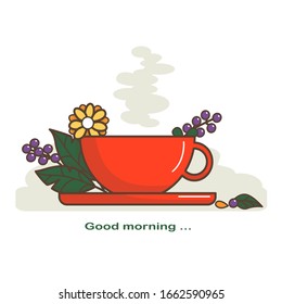 Red cup of hot tea with berries and leaves on a white background.