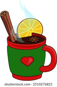 Red cup with hot tea with cinnamon orange and other spices decorated with green crocheted heating pad