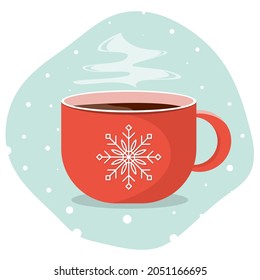 Red cup of hot tea or coffee with snowflake. Vector illustration.