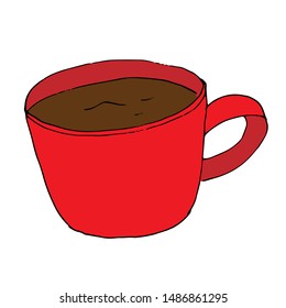 Red Cup of hot tea on white background. Ready illustrations for menus, greeting cards, posters, stickers, Souvenirs, notebooks, calendars and design.Hand-drawn. Cartoon style. Vector