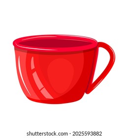 Red cup isolated on white background. Empty porcelain or glass mug for drinks front view. Ceramic coffee or tea cup icon. Cup with handle. For logo, label and banner of brand.Stock vector illustration